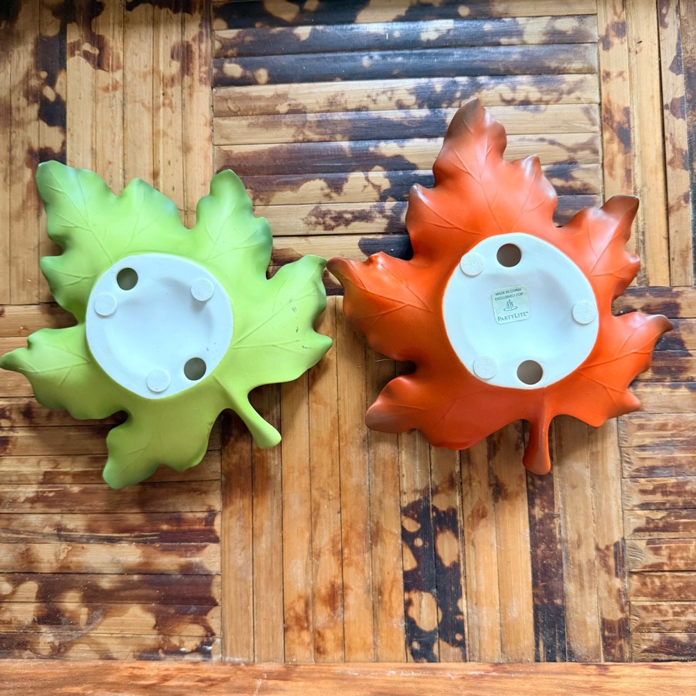 PartyLite Leaf Candle Holders Set 2 Orange Green Excellent Autumn Decor - Picture 2 of 5